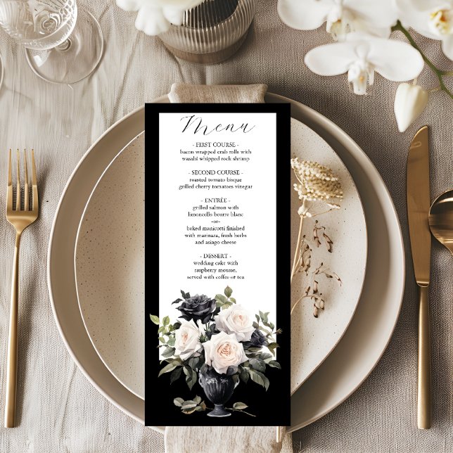 Menu Mariage floral noir et blanc moderne (Créateur téléchargé)