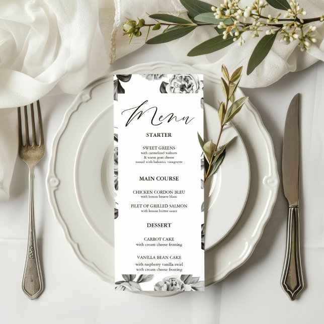 Menu Mariage floral noir et blanc personnalisable (Créateur téléchargé)