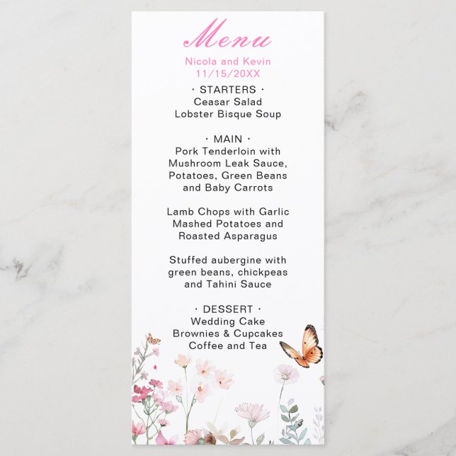 Menu Mariage Floral Papillon Rose Foncé de Printemps (Devant)