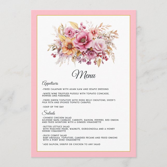 Menu Mariage floral rose et or (Devant)