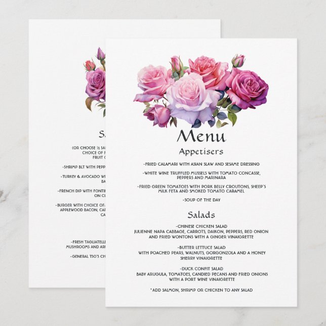 Menu Mariage Floral rose et violet Détails de l'invité (Devant / Derrière)