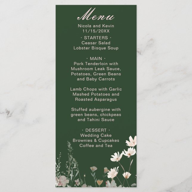 Menu Mariage Floral Rose Pâle Printemps Fleur Sauvage (Devant)