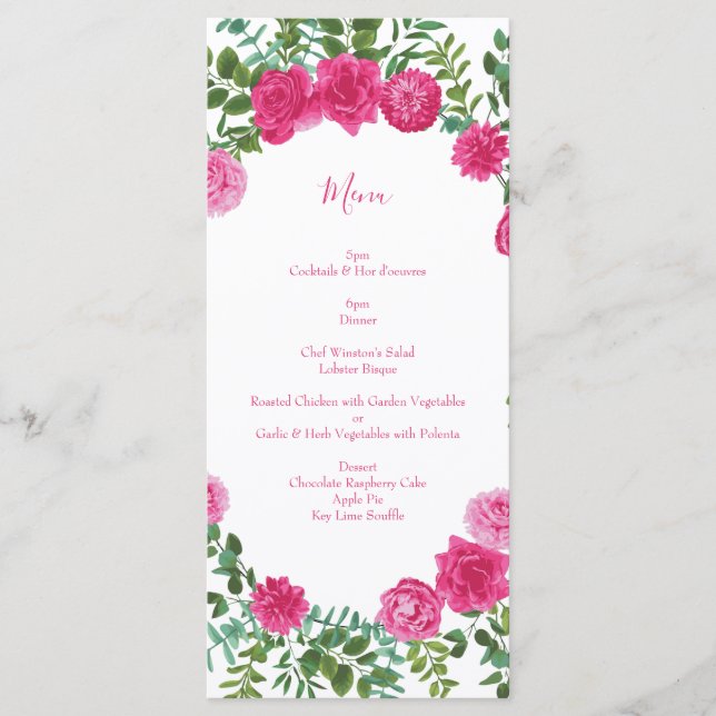 Menu Mariage floral rose vif (Devant)