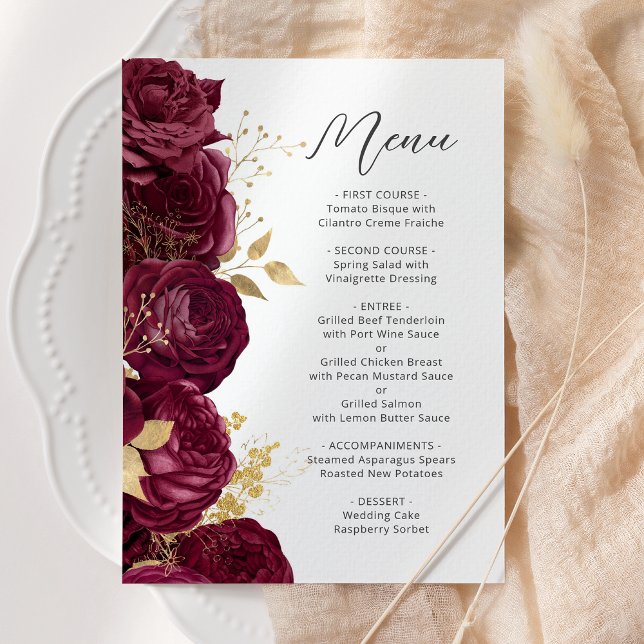 Menu Mariage Floral Script Or Bourgogne (Créateur téléchargé)