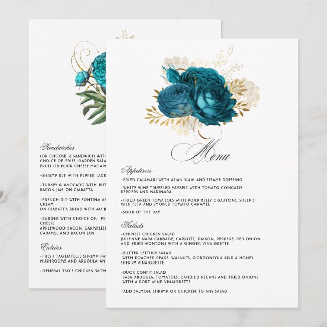 Menu Mariage floral Turquoise et or (Devant / Derrière)
