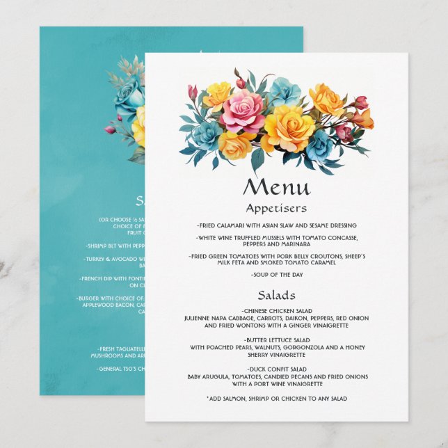 Menu Mariage floral turquoise, jaune et rose (Devant / Derrière)
