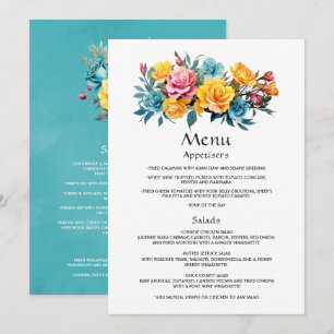 Menu Mariage floral turquoise, jaune et rose