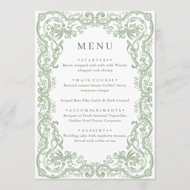 Menu Mariage floral vert de la Renaissance (Devant)