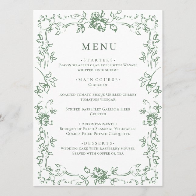 Menu Mariage floral vert de la Renaissance (Devant)