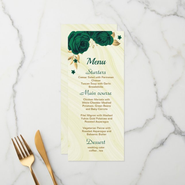 Menu mariage floral vert émeraude chic (Devant/Arrière en situation)
