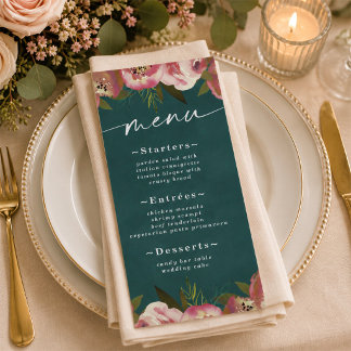 Menu Mariage Floral Vert Sarcelle Profond Chic Blooming