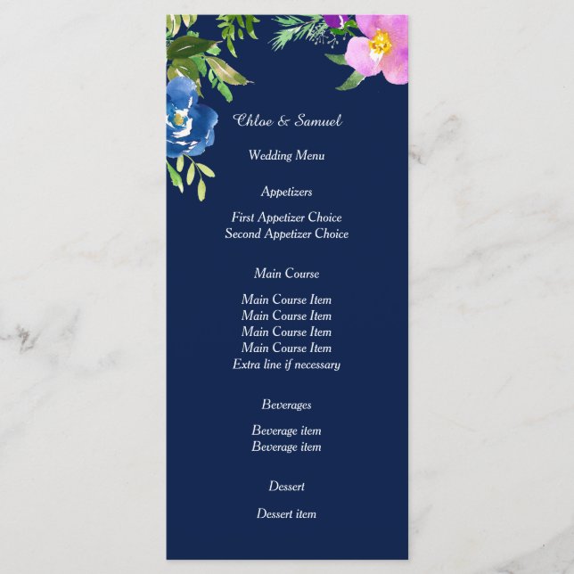 Menu Mariage Floral Violet bleu marine (Devant)