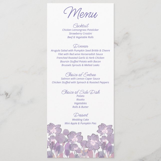 Menu Mariage floral violet mauve pastel (Devant)