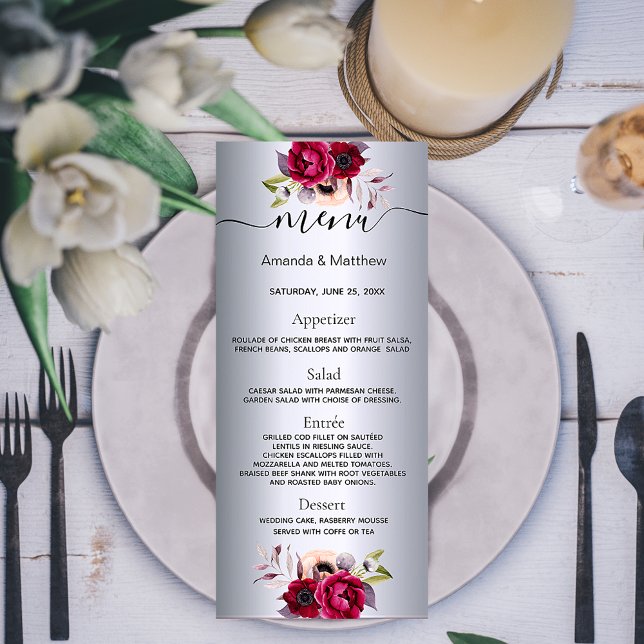 menu mariage florale argent élégant moderne (Créateur téléchargé)
