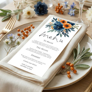 Menu Mariage Florales Orange Brûlé et Bleu Marine