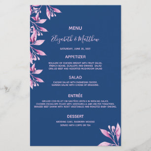 Menu mariage flûtes bleu marine rose