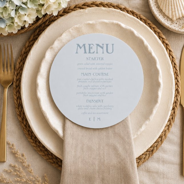 Menu Mariage Formel Circulaire Écriture Bleu Côtiers (Coastal Blue Script Circular Formal Wedding Menu)