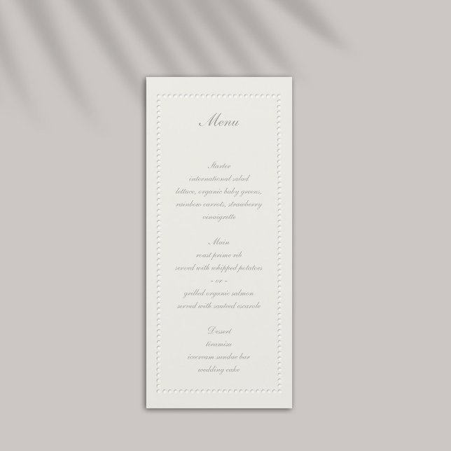 Menu Mariage Formel Faux Embossé (formal wedding menu traditional faux embossed beaded frame ecru eggshell elegant black tie)