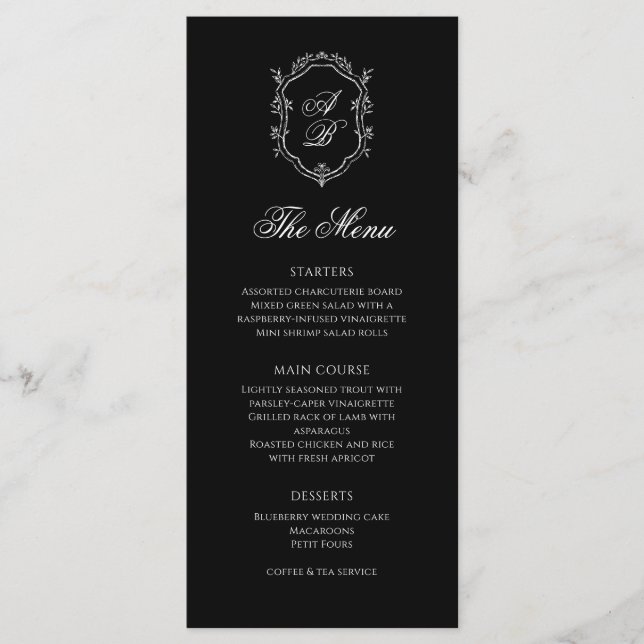 Menu Mariage Formel noir & blanc Floral Monogram Crest (Devant)