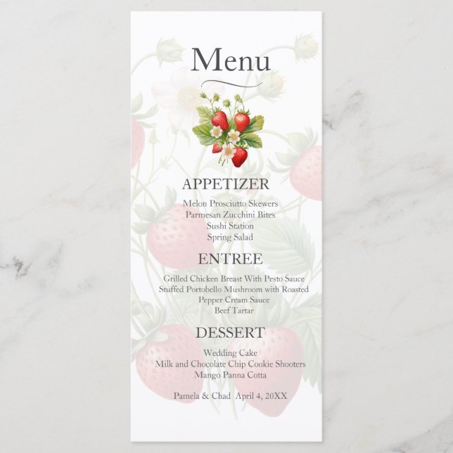 Menu Mariage Fraises d'aquarelle (Devant)