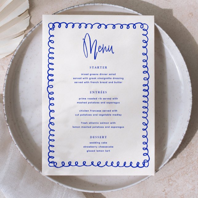 Menu Mariage français bleu dessiné à main rétro (Créateur téléchargé)
