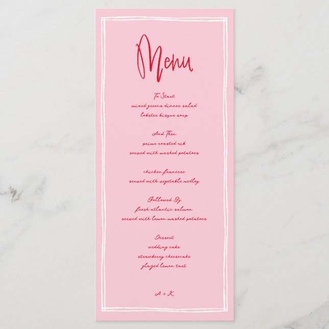 Menu Mariage français manuscrit rose et rouge (Devant)