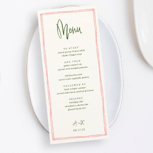 Menu Mariage français manuscrit rose et vert