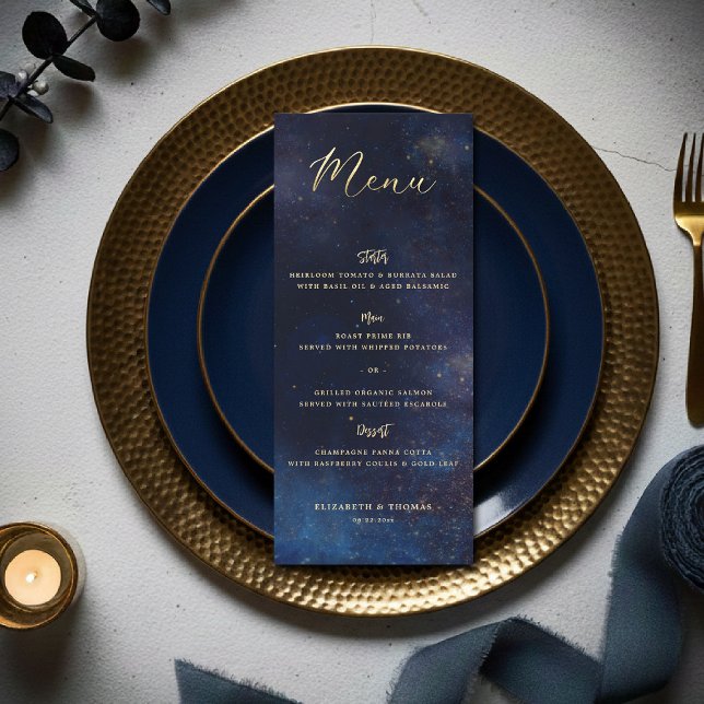 Menu Mariage Galaxie Céleste Nuit Étoilée Bleu Nuit (celestial galaxy wedding menu watercolor navy blue starry night written in the stars)