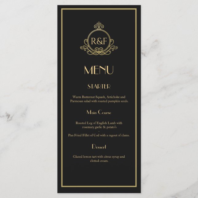 Menu Mariage Gatsby Black and Gold Roaring 20s (Devant)