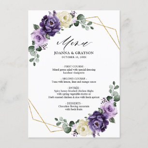 Menu Mariage géométrique Floral Plum violet or ivoire