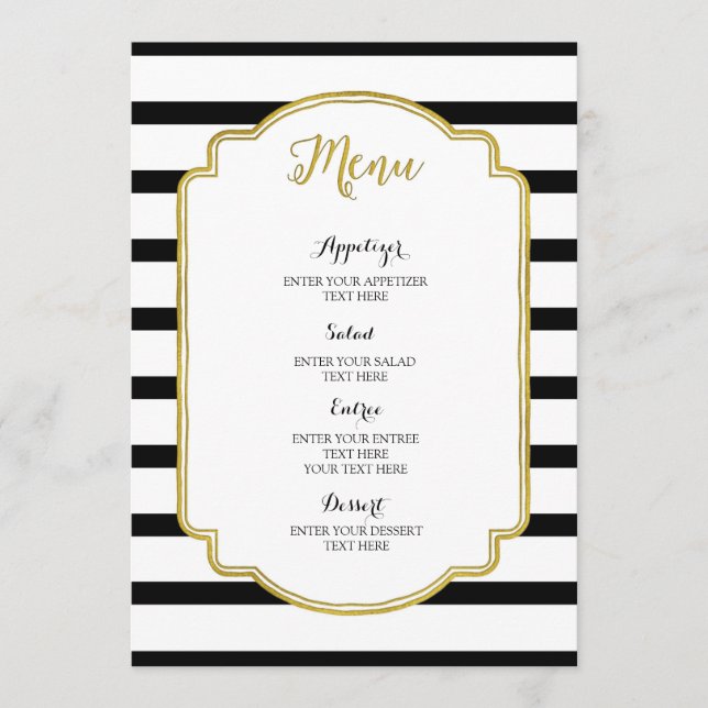 Menu Mariage Gold Black and White Stripes (Devant)