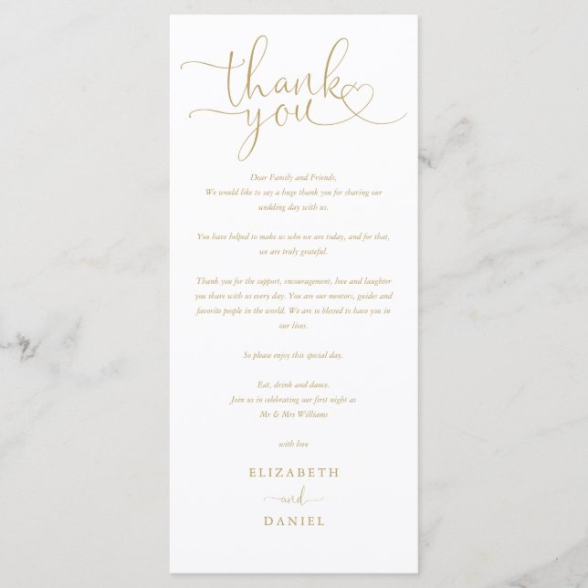 Menu Mariage Gold Heart Script Merci Place Card (Devant)