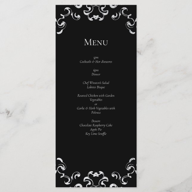 Menu Mariage gothique au tourbillon argent et noir (Devant)