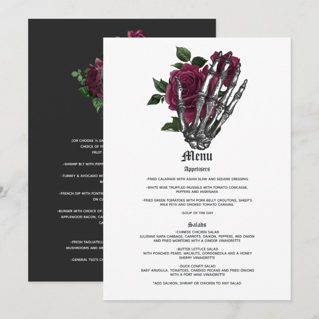 Menu Mariage gothique du squelette floral de Bourgogne (Devant / Derrière)