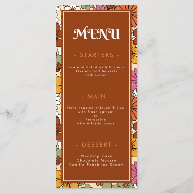 Menu Mariage hippie floral rétro Super seventies (Devant)
