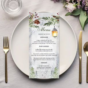 Menu Mariage hivernal avec lanterne rustique en pin