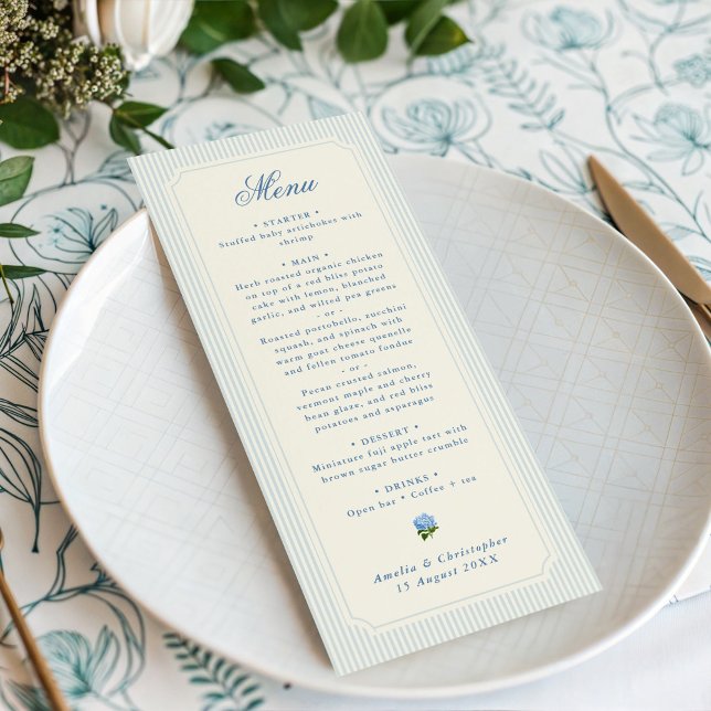 Menu Mariage Hydrangea Rayures Bleu Clair Classique (classic blue pinstripes wedding menu)