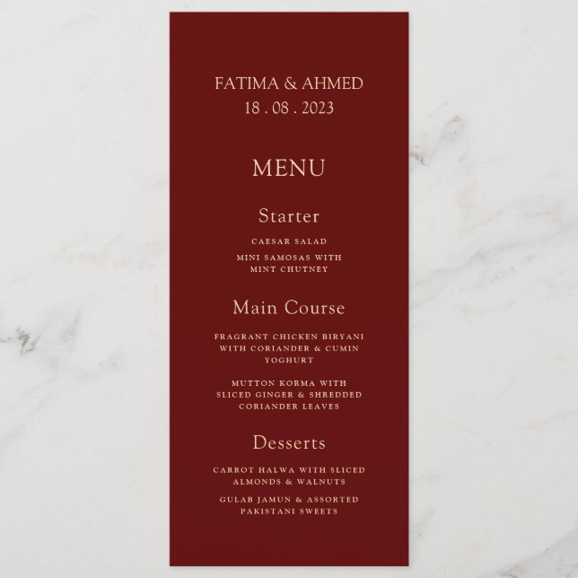 Menu Mariage islamique musulman Bourgogne rouge élégant (Devant)