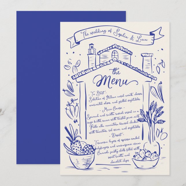 Menu Mariage Italien Rustique Cream Bleu (Devant / Derrière)