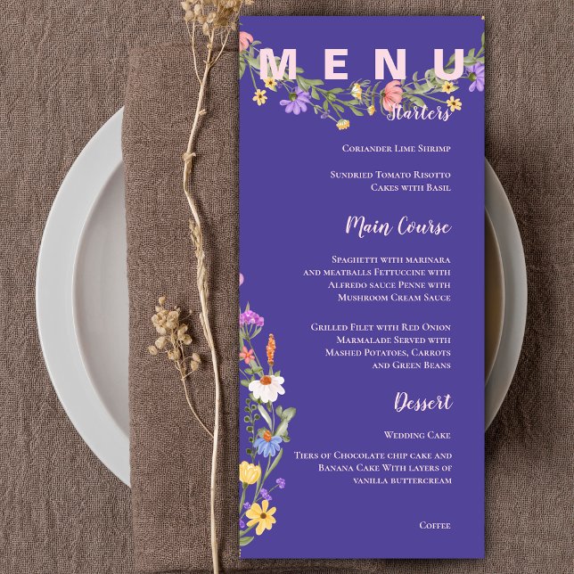 Menu Mariage Jaune violet Joli Fleur sauvage (Yellow Purple Pretty Wildflowers Wedding Party Menu)