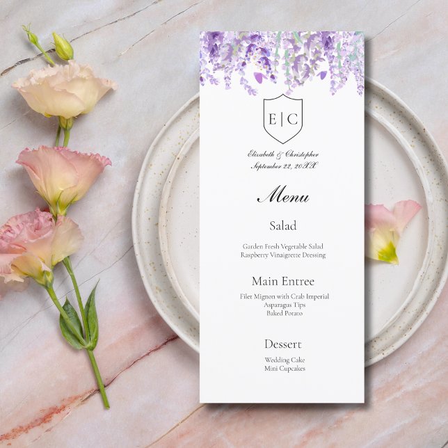 Menu Mariage Lavender Botanogram (Lavender Floral Botanical Wedding Menu Monogram Crest)