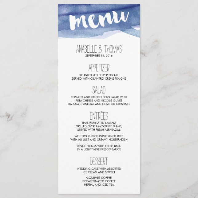 Menu Mariage Laver à l'aquarelle bleue (Devant)