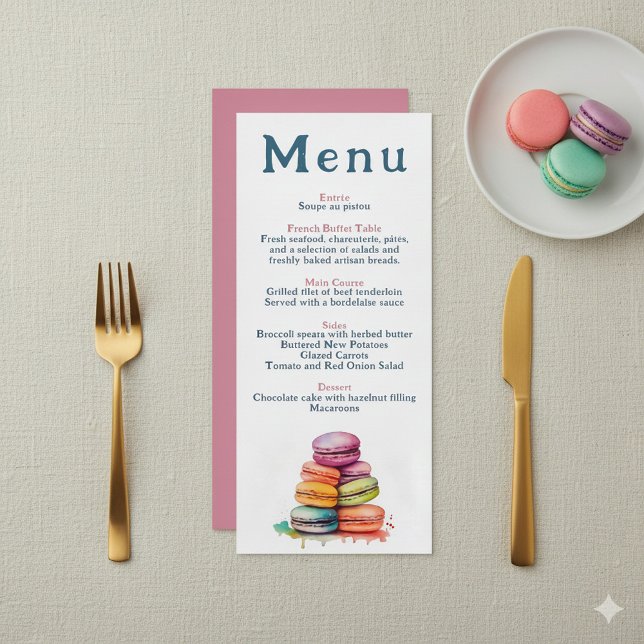 Menu Mariage Macaron français moderne (Bright watercolor macarons wedding menu.)