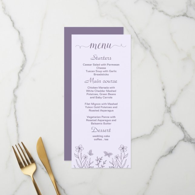Menu Mariage mauve simple (Devant/Arrière en situation)