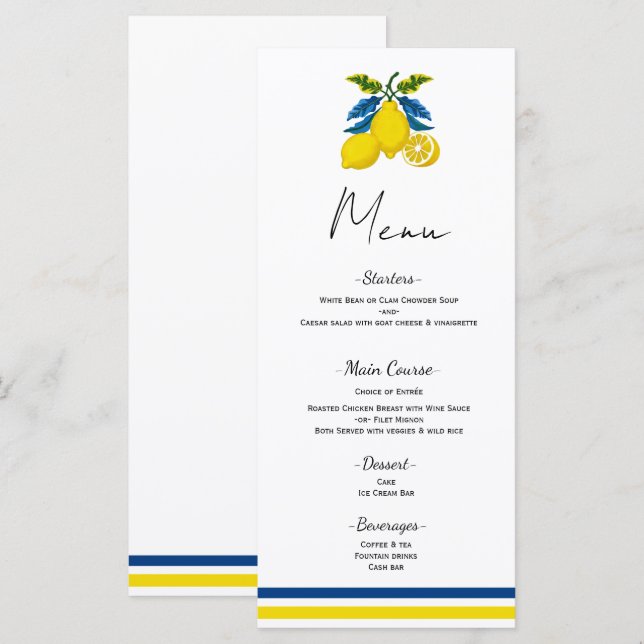 Menu Mariage méditerranéen Citron jaune bleu (Devant / Derrière)