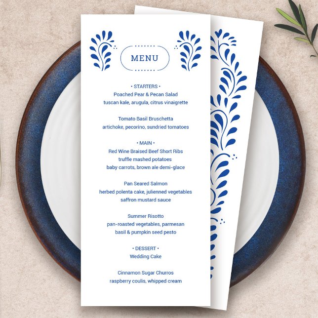 Menu Mariage mexicain bleu Puebla Style (Puebla Style Blue Mexican Wedding Menu by Fiesta Valley Print)