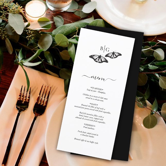 Menu Mariage minimaliste de papillon noir blanc (Minimalist Black White Butterfly Monogram Wedding Menu)