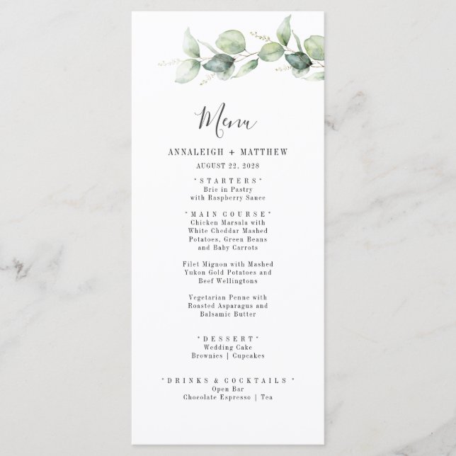 Menu Mariage minimaliste Eucalyptus Feuilles élégant (Devant)