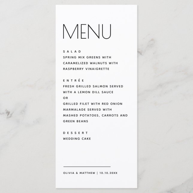 Menu Mariage Minimaliste Moderne. Typographie Simple et (Devant)
