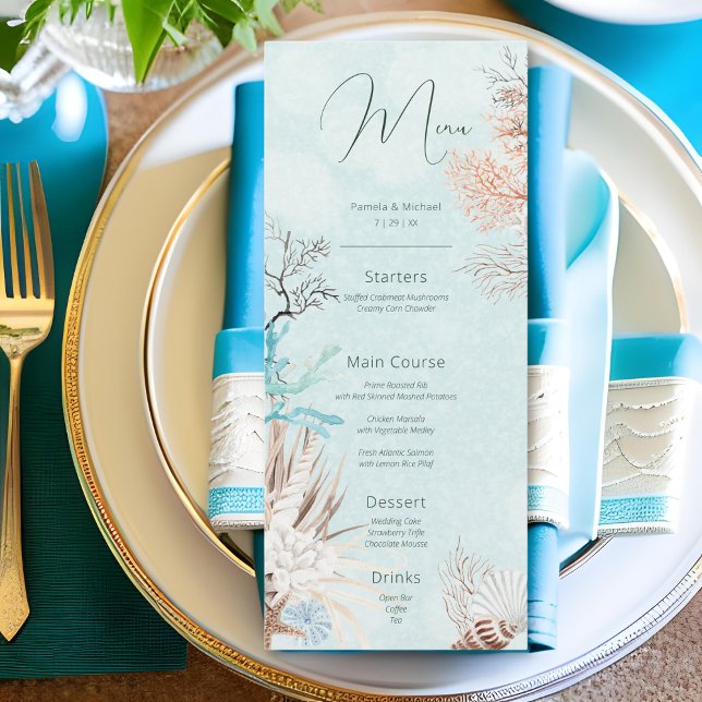 Menu Mariage Moderne Aqua Océan & Coquillages (Modern Aqua Ocean & Shells Wedding Menu)